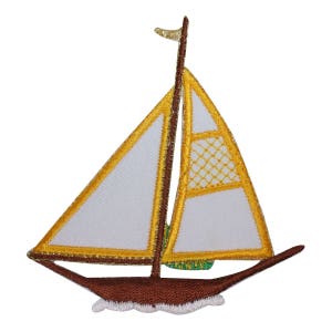 May include: A white sailboat with a brown mast and yellow sails. The sailboat has a small net on the sail and is sitting on a brown base with white waves.
