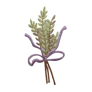 May include: A bouquet of green and brown embroidered wheat stalks tied together with a purple ribbon.