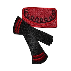 May include: Red and black embroidered iron-on patch set featuring a small red purse with a black chain and a long black glove with red trim.