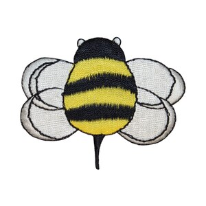 May include: Embroidered iron-on patch of a cartoon bee with black and yellow stripes and white wings.