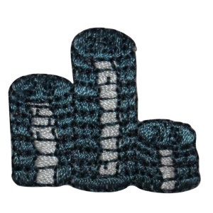 May include: Three teal blue embroidered fabric patches shaped like buildings with white accents.