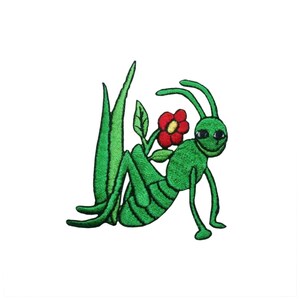 Könnte beinhalten: Grün gestickter Bügelaufkleber mit einem Cartoon-Grashüpfer mit einer roten Blume dahinter.