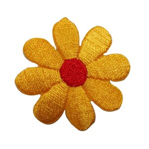 May include: A yellow embroidered flower patch with a red center. The flower has six petals and is a simple design.