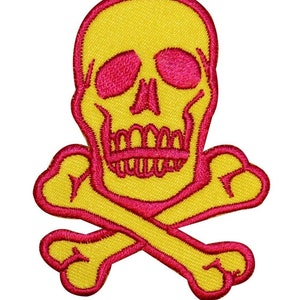 Skull Crossbones Patch 2 3/4&quot; Pink On Yellow Biker Embroidered Iron On Applique