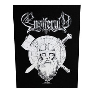 May include: Black and white patch with the band name "Ensiferum" in a stylized font. The patch features a Viking warrior's head with a helmet, beard, and closed eyes. The warrior is holding a sword and axe, and a shield is behind them.