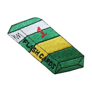 May include: Green and yellow embroidered patch with the text "FLASH CARDS" and the number "1" in red.