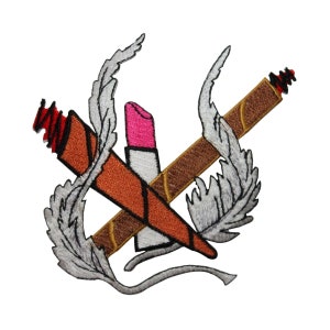 May include: An embroidered patch with a brown and orange cigar, a pink lipstick, and two gray leaves.