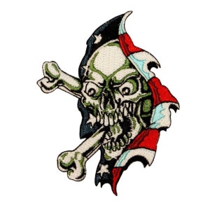 May include: An embroidered patch featuring a green skull with crossed bones, partially obscured by a tattered American flag with red, white, and blue stripes.