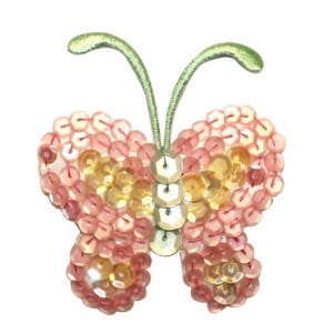 May include: A pink and gold sequined butterfly applique with green embroidered antennae.
