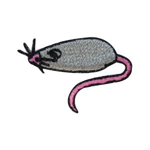 May include: A gray embroidered mouse with a pink tail. The mouse is facing left and has a black eye.