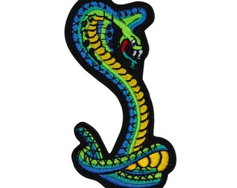Blue Green Cobra Striking Patch Snake Serpent Coil Embroidered Iron On Applique