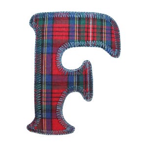 May include: Red and blue plaid fabric letter F with blue stitching around the edges.