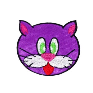 May include: Embroidered patch featuring a cartoon cat face. The cat has a purple head with pink inner ears, green eyes, a pink nose, white whiskers, and a red tongue. The patch is outlined in black.