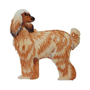 May include: Embroidered patch of an Afghan Hound dog. The dog is standing with its head turned to the side and its tail curled up. The patch is made of brown and white thread and has a fuzzy texture.