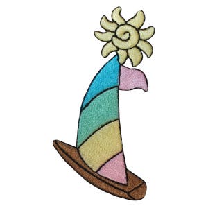 May include: A colorful embroidered patch of a surfboard with a sun on top. The surfboard is striped with pink, yellow, green, and blue. The sun is yellow with a swirl in the center.