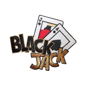 May include: Black and gold embroidered patch with the words "BLACK JACK" and two playing cards, a jack of spades and an ace of spades.