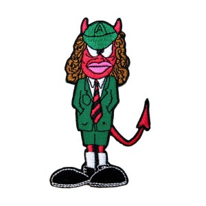 May include: An embroidered iron-on patch of a red devil wearing a green suit, a green hat with the letter 'A' on it, and a red tail. The devil has curly brown hair, a pink mouth, and black shoes.