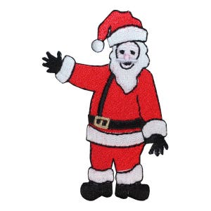 May include: Embroidered iron-on patch of a red-suited Santa Claus with a white beard and black boots, waving with his left hand.