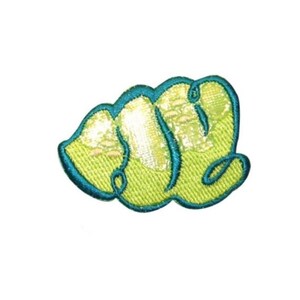 May include: Green and blue embroidered patch with the word "LOVE" in a stylized font.