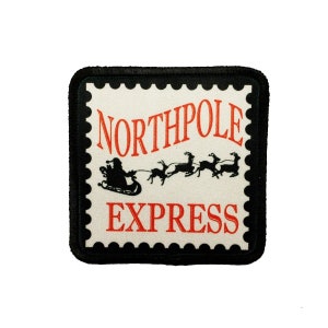 May include: A square patch with a black border and a postage stamp design. The patch features the words "NORTHPOLE EXPRESS" in red, with a silhouette of Santa Claus in a sleigh pulled by reindeer.