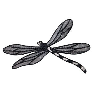 May include: Black and silver embroidered dragonfly patch with a striped tail.