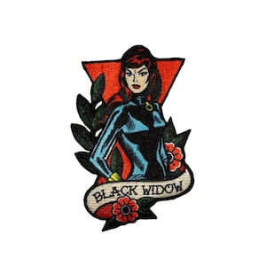 May include: Embroidered patch featuring a comic book style illustration of Black Widow. The patch has a red triangle background, a banner with the words "Black Widow", and floral and leaf accents. The character is depicted in a black and blue suit.