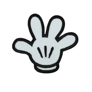 May include: Black and white embroidered patch of a cartoon hand with four fingers. The hand is in a waving gesture.