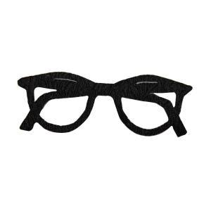 May include: Black plastic glasses with a textured pattern. The glasses are shaped like a classic pair of spectacles.