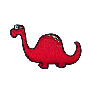 May include: Red embroidered dinosaur patch with a black outline and green spots.