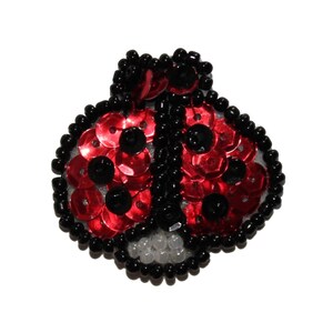 Peut inclure: Une coccinelle rouge et noire faite de paillettes et de perles. La coccinelle a un centre blanc et est un article d'artisanat populaire.