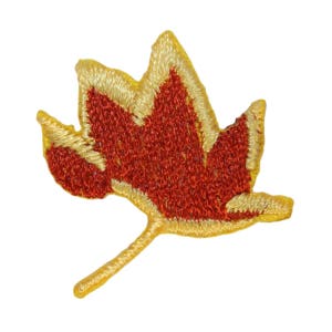 May include: A red and yellow embroidered leaf with a stem. The leaf is a simple design with a pointed tip and rounded edges.