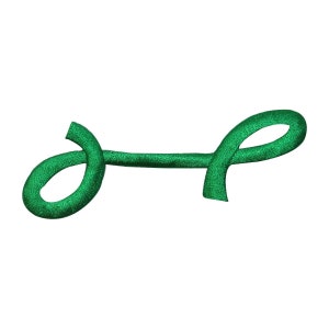 May include: A green ribbon tied in a loop, with the ends of the ribbon forming a figure eight.
