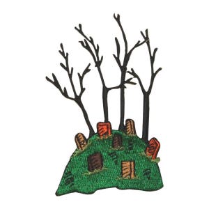 May include: Embroidered patch depicting a green grassy hill with four bare trees and several orange and brown rectangular shapes, resembling tombstones.