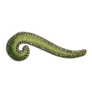 May include: Green fabric trim with a silver beaded border. The trim is shaped like a curved line with a loop at one end.