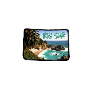 Peut inclure: Une photo en noir et blanc d'une scène de plage avec un palmier et les mots "BIG SUR" en texte vert.