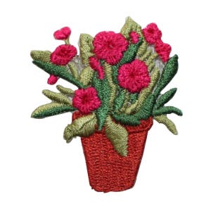 May include: Embroidered patch depicting a floral arrangement of red flowers and green leaves in a red pot. The patch uses various shades of green and red, creating a textured effect. Suitable for adding a floral design to clothing or accessories.