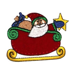 May include: Embroidered iron-on patch of Santa Claus in a red sleigh with a green trim, pulling a bag of gifts with a blue ribbon, and a yellow star on top.