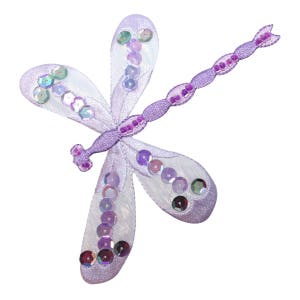 May include: A purple dragonfly applique with iridescent sequins. The dragonfly has a long, thin body and four wings.
