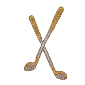May include: Embroidered patch featuring two crossed golf clubs. The clubs have gold-colored heads and handles, with silver-colored shafts. The patch is designed with detailed stitching and a textured appearance, perfect for adding to apparel or accessories.