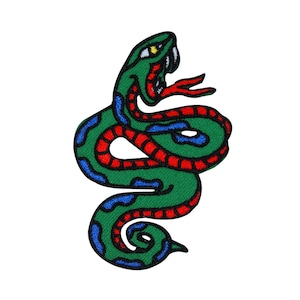 May include: Green, red, and blue embroidered snake patch with a yellow eye and fangs. The snake is coiled in a defensive position.