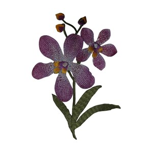 May include: Purple orchid flower embroidery patch with green leaves and yellow centers.