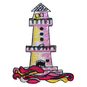 May include: An embroidered lighthouse with pink and yellow detailing, a white base and a white roof. The lighthouse is surrounded by pink and yellow waves.