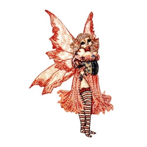 May include: A red and white fairy with wings, wearing a red dress and stockings. The fairy has a whimsical expression and is holding a small object in her hand.