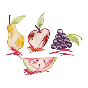 May include: Embroidered design of a pear, apple, grapes, and a slice of watermelon. The fruits are outlined in red, yellow, and green thread. The grapes are purple.