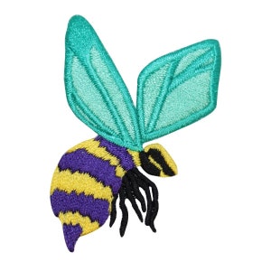 May include: A purple and yellow bee with teal wings. The bee is flying with its wings spread out. The bee is embroidered on a fabric patch.