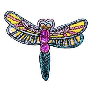 May include: A colorful embroidered dragonfly patch with pink, yellow, blue, and black accents. The dragonfly has a beaded body with iridescent sequins.