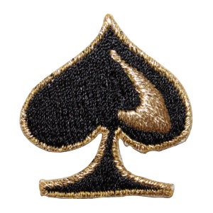 May include: Black and gold embroidered patch shaped like a spade playing card.