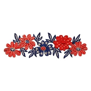 May include: Red, white, and blue embroidered floral applique with a patriotic theme. The applique features five flowers with blue and white star centers and red and white polka dot petals.