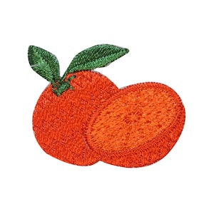May include: Embroidered orange fruit patch with green leaves. The orange is a two-dimensional design with a fuzzy texture.