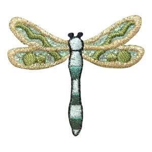 May include: A green and gold embroidered dragonfly with a white and green striped body. The dragonfly is a popular motif for crafts and home decor.